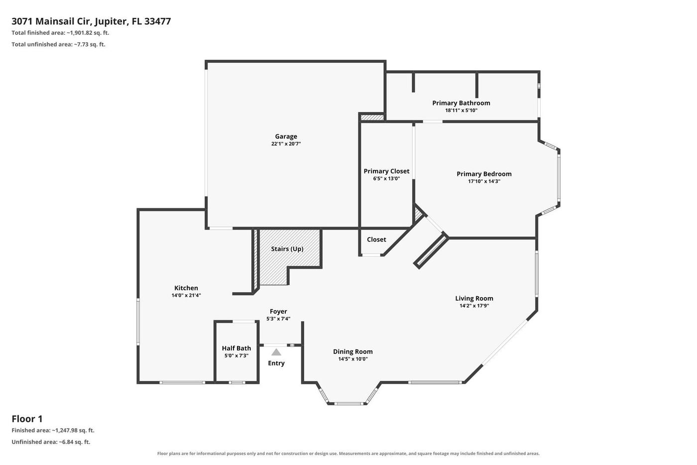 First floor plan of 3071 Mainsail Circle with garage, living room, kitchen, dining and primary suite