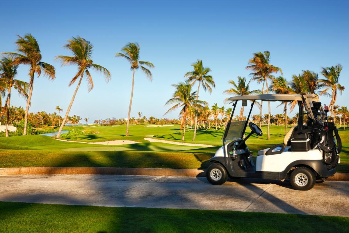 Palm-lined golf course with a cart near Jupiter